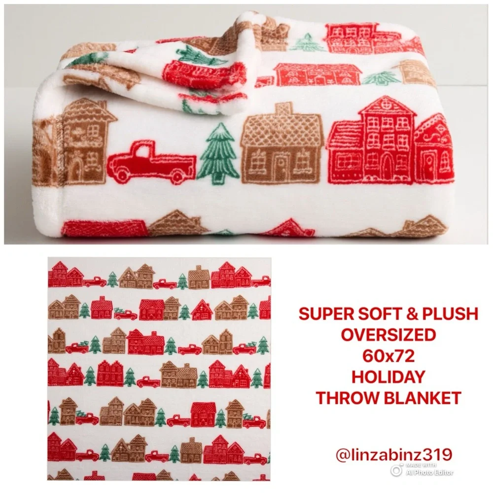 NWT- Cozy Oversized Holiday Throw Blanket w/ Red Trucks, Green Trees 60x72